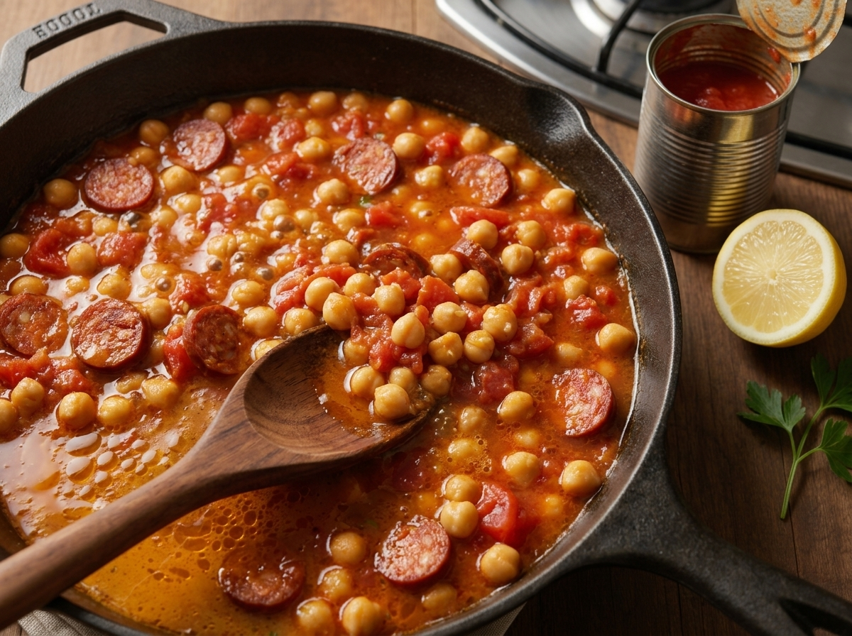 Wooden spoon stirring sliced chorizo, onion and chickpeas in tomato sauce as orange oil pools at the pan edge