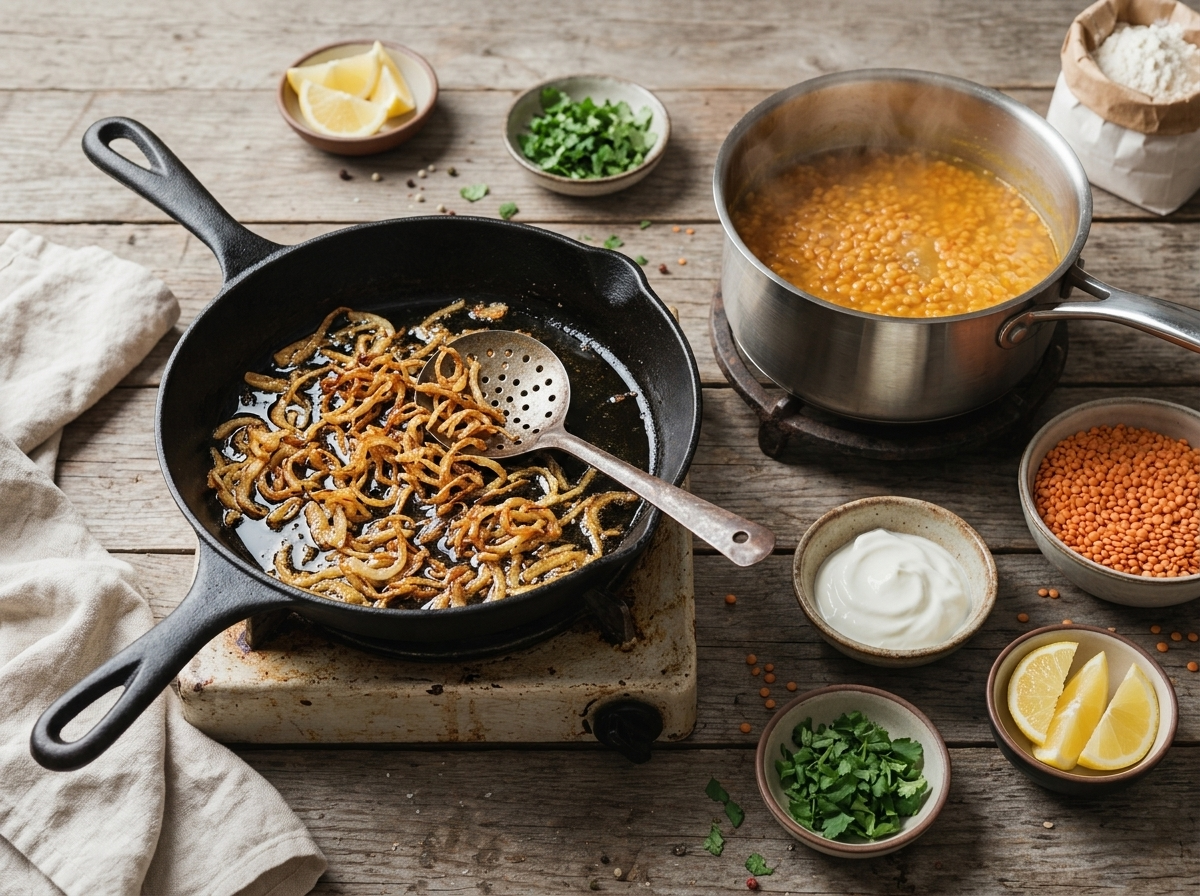 Sliced onions turning deep golden in a 12-inch skillet beside a pot of simmering red lentils on the stove