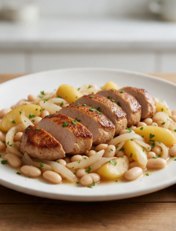 Sliced pork tenderloin over white beans and apple wedges in a cast-iron skillet on a wooden table