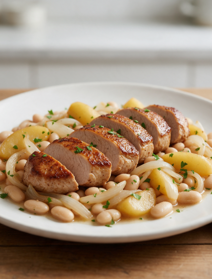 Sliced pork tenderloin over white beans and apple wedges in a cast-iron skillet on a wooden table
