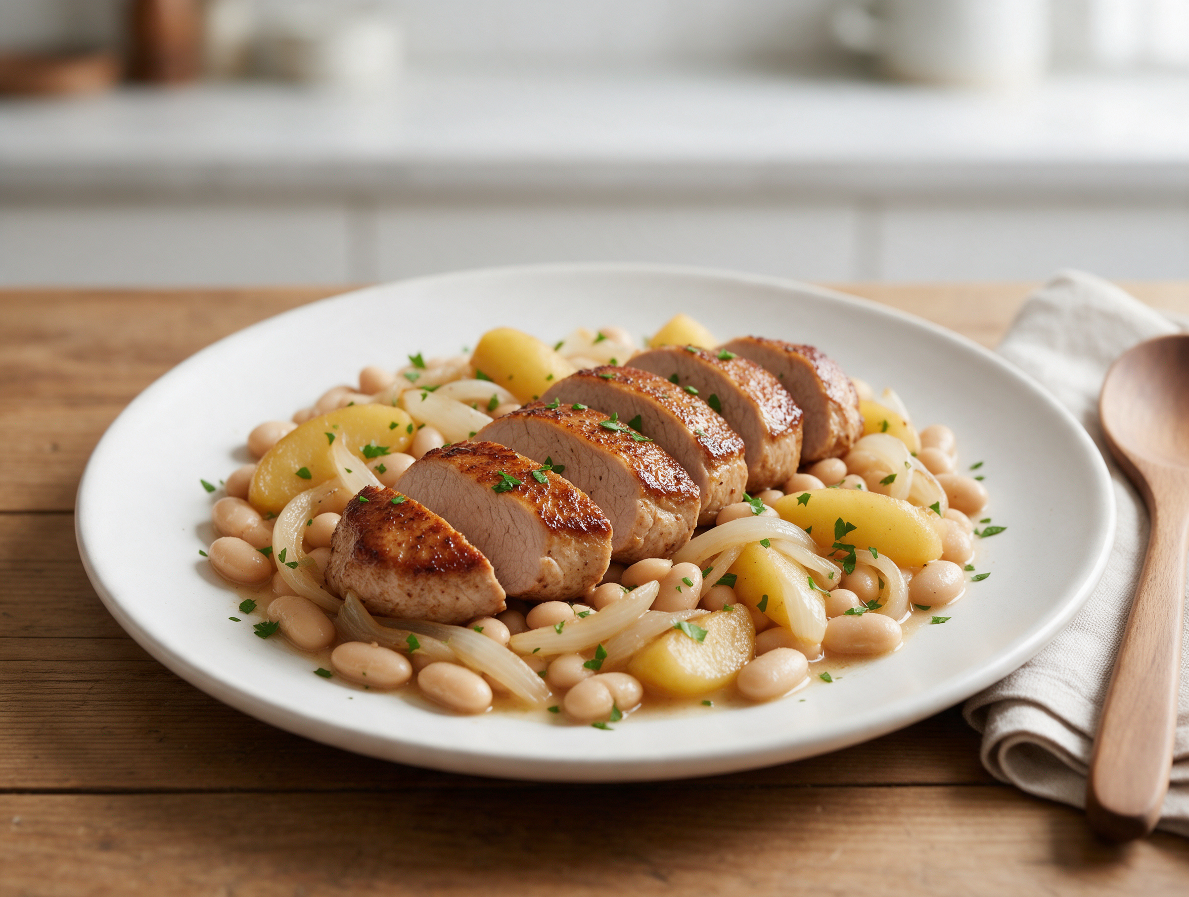 Sliced pork tenderloin over white beans and apple wedges in a cast-iron skillet on a wooden table