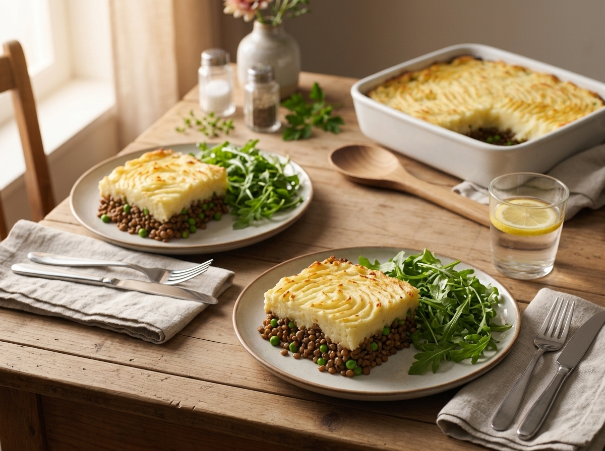Two plates of pie squares with arugula salad on a linen-covered table beside water glasses