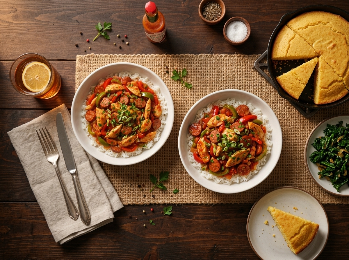 Two bowls of the skillet over white rice with cornbread, a linen napkin and a bottle of hot sauce nearby