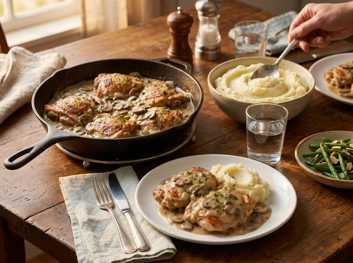 Weeknight dinner table set with a skillet of chicken, a bowl of potatoes, green beans and linen napkins