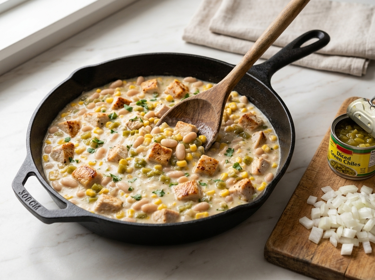 Wooden spoon stirring white beans, corn and seared chicken into green chile sauce in a skillet