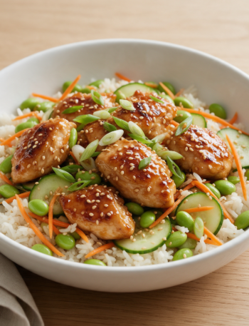 Overhead view of a sesame chicken bowl with glazed chicken, edamame, rice and carrot on a light oak table
