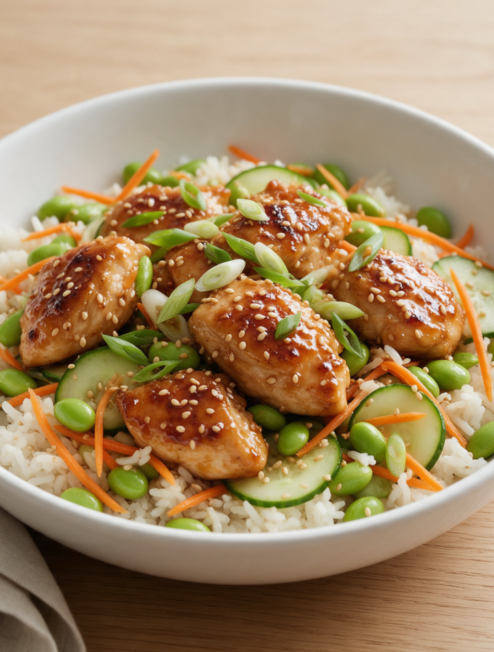 Overhead view of a sesame chicken bowl with glazed chicken, edamame, rice and carrot on a light oak table