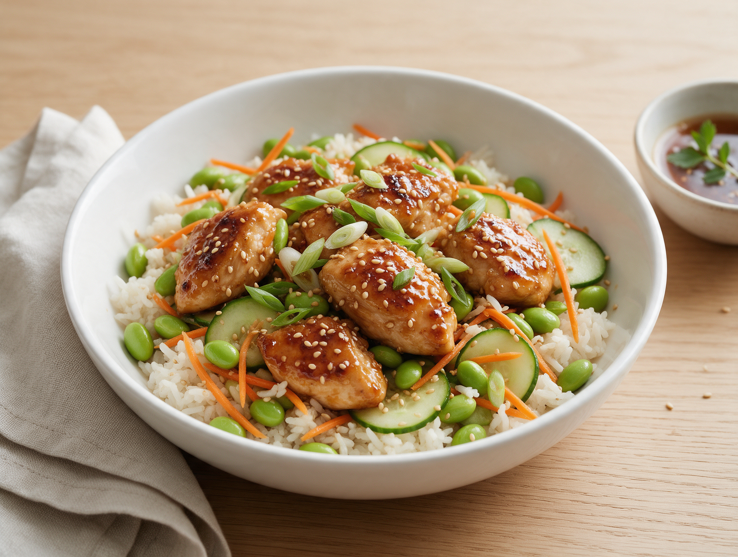 Overhead view of a sesame chicken bowl with glazed chicken, edamame, rice and carrot on a light oak table