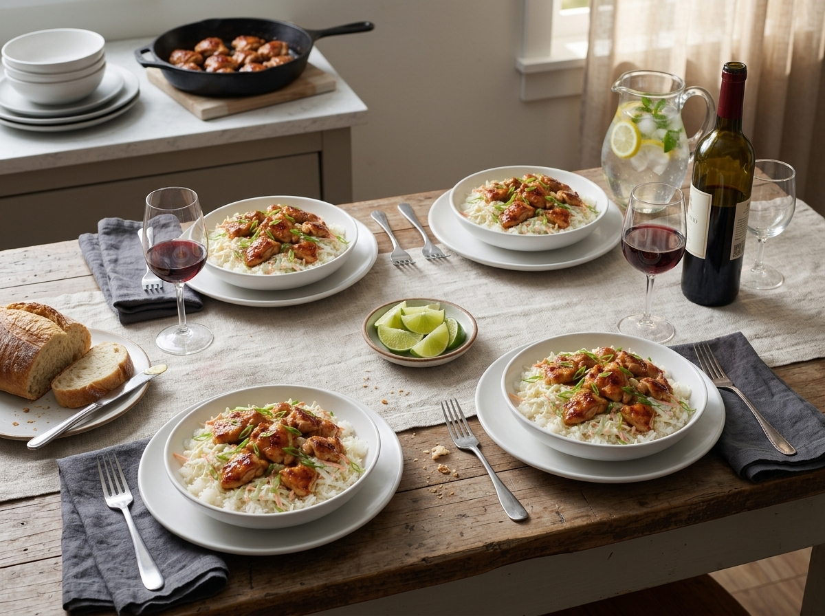 A family dinner table set with four filled bowls, lime wedges, ice water and linen napkins in warm evening light