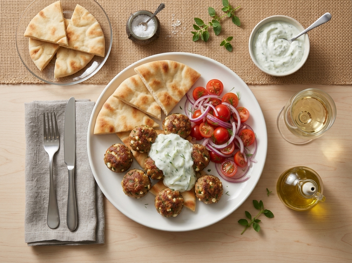 Family dinner table set with a platter of meatballs, torn pita, tzatziki, linen napkins and water glasses