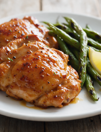 Glazed honey mustard chicken thighs beside blistered green beans on a white plate, shot at 45 degrees on a wooden table