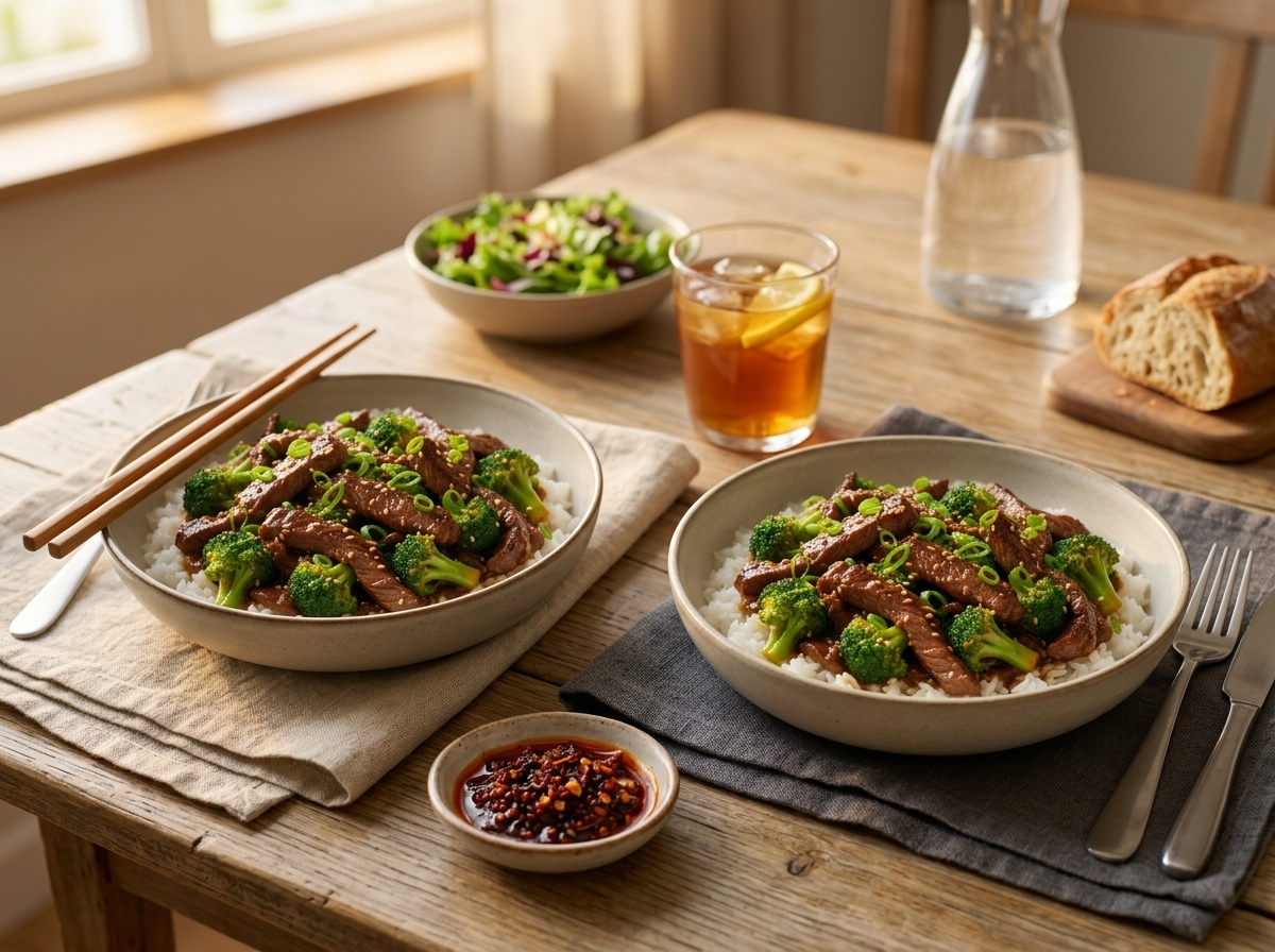 Two bowls of beef and broccoli with rice and chopsticks on a linen napkin beside a glass of iced tea
