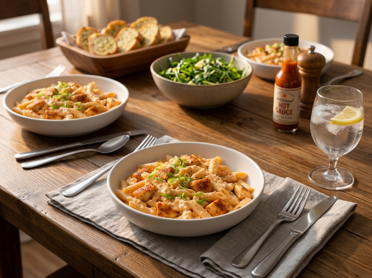 Two plates beside a lemony arugula salad and a basket of garlic bread on a set kitchen table at dinner