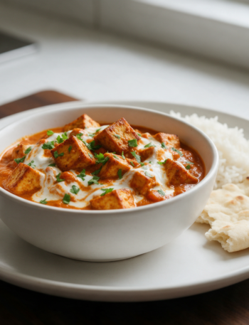 Roasted tofu tikka masala in a white bowl, orange tomato sauce swirled with yogurt, cilantro and basmati rice
