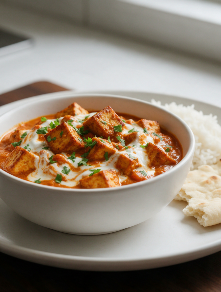 Roasted tofu tikka masala in a white bowl, orange tomato sauce swirled with yogurt, cilantro and basmati rice