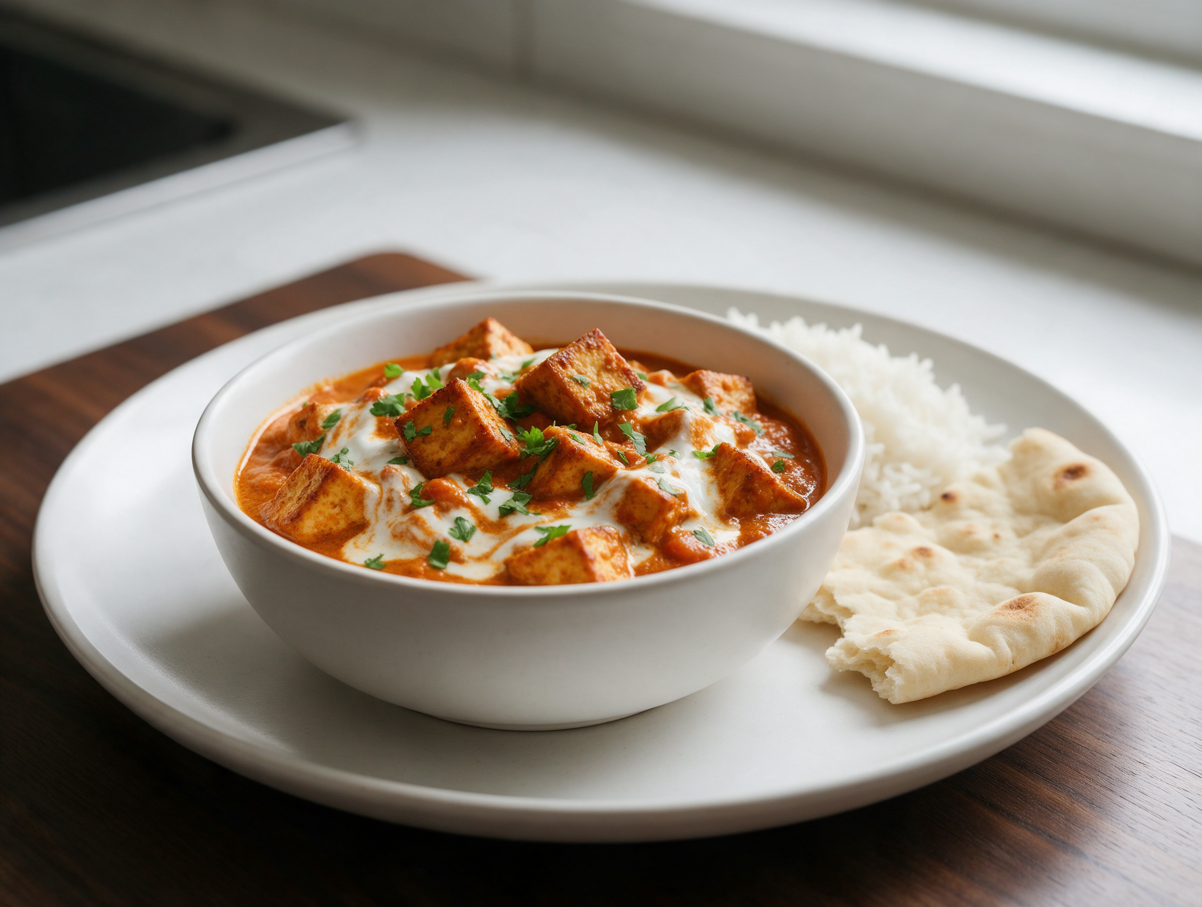 Roasted tofu tikka masala in a white bowl, orange tomato sauce swirled with yogurt, cilantro and basmati rice