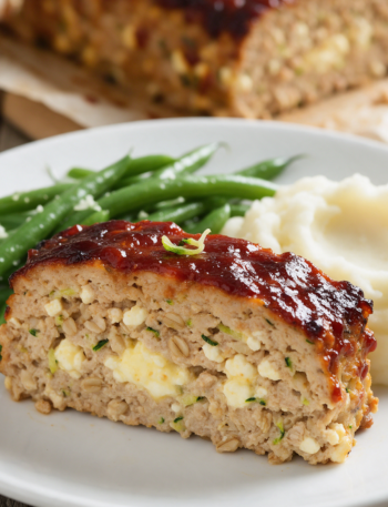 Thick slice of baked turkey meatloaf with dark ketchup glaze on a white plate beside green beans and potatoes