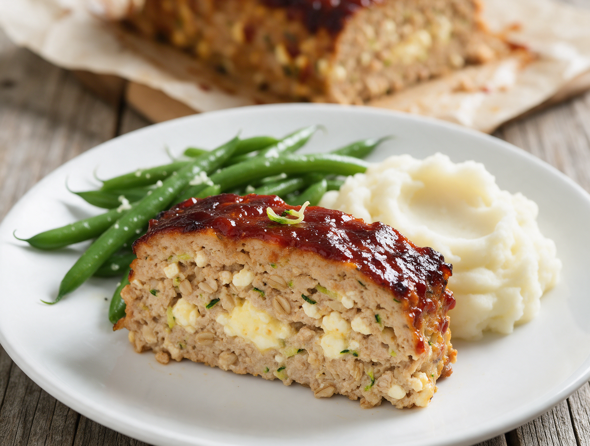 Thick slice of baked turkey meatloaf with dark ketchup glaze on a white plate beside green beans and potatoes