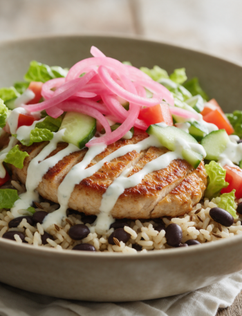 Overhead view of a turkey burger bowl with cumin rice, black beans, pink pickled onion and yogurt sauce on wood