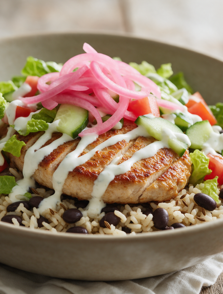 Overhead view of a turkey burger bowl with cumin rice, black beans, pink pickled onion and yogurt sauce on wood