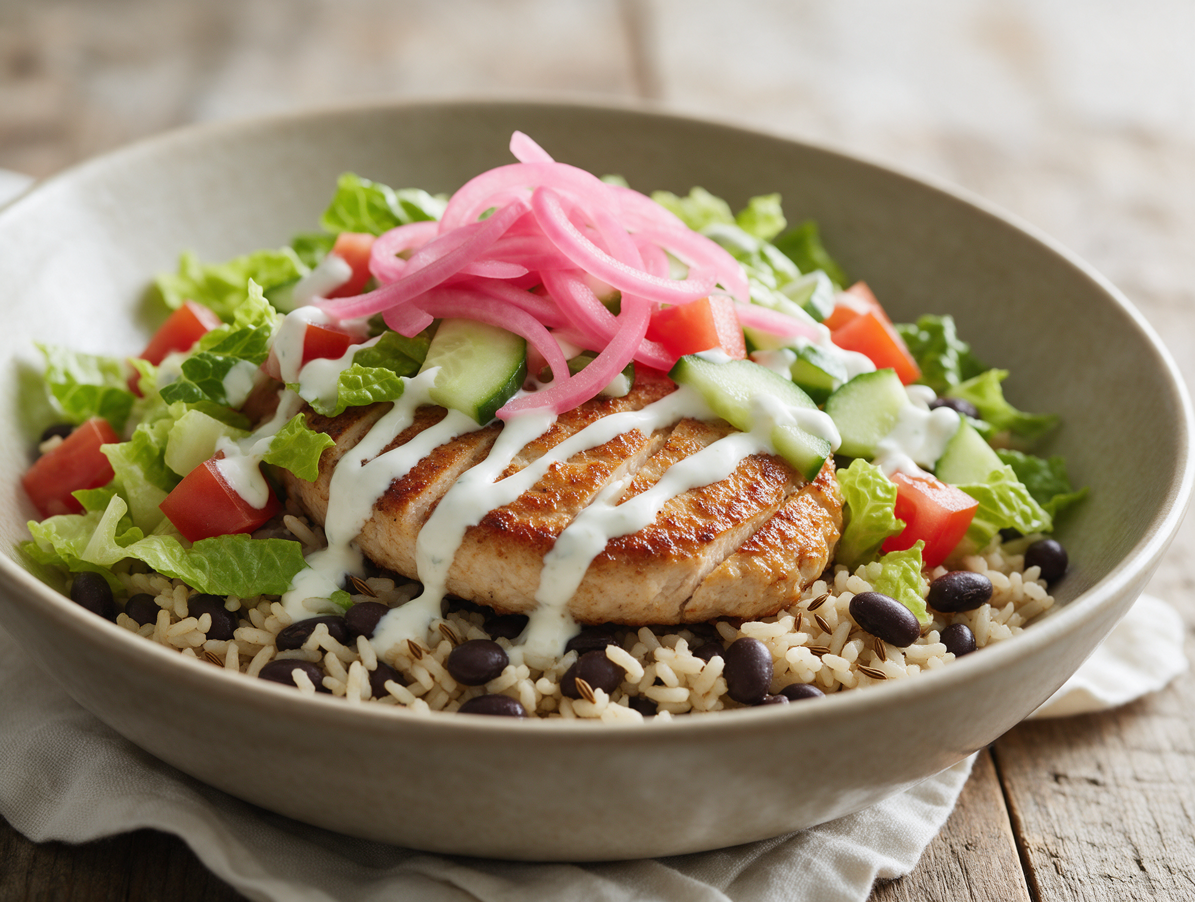 Overhead view of a turkey burger bowl with cumin rice, black beans, pink pickled onion and yogurt sauce on wood