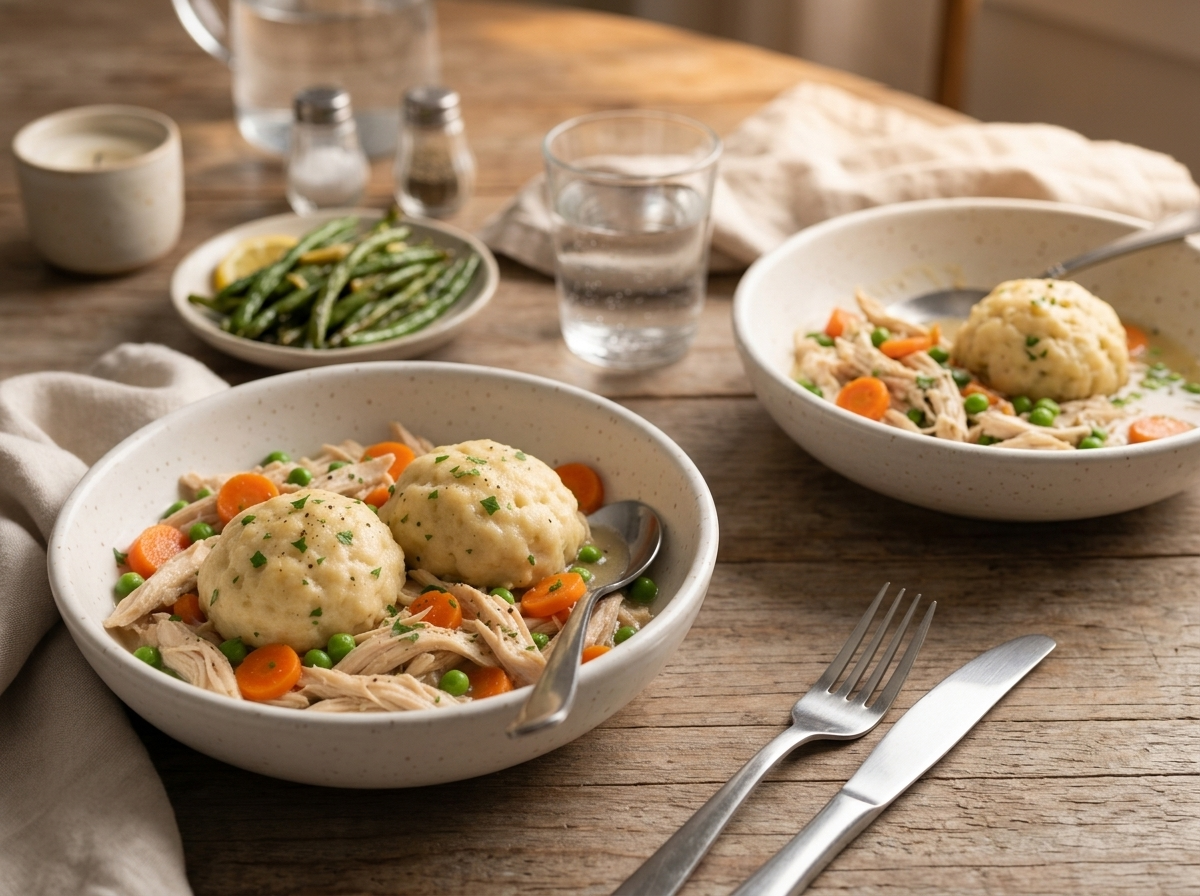 Family dinner table with steaming bowls, a side of roasted green beans, linen napkins and a ladle on a trivet