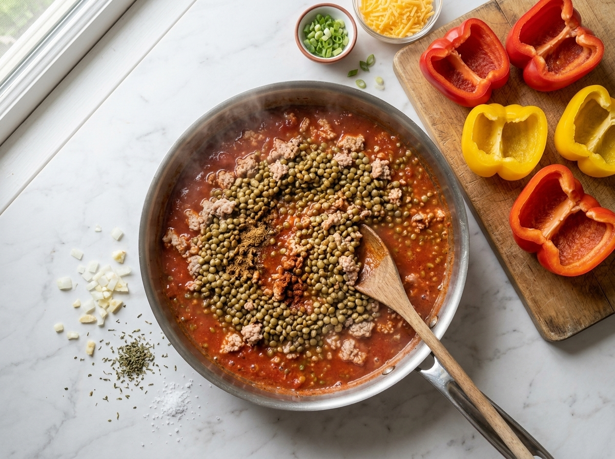 Ground turkey and green lentils simmering in tomato sauce in a skillet, wooden spoon mid-stir