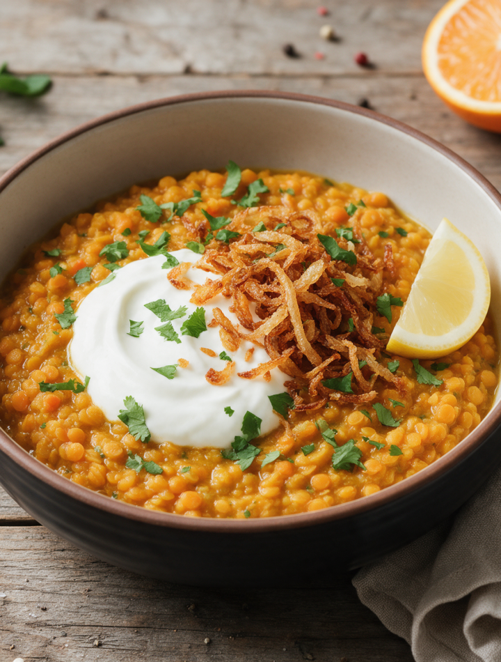 Bowl of orange-yellow red lentil dal topped with white Greek yogurt and golden crispy onions on a wooden table