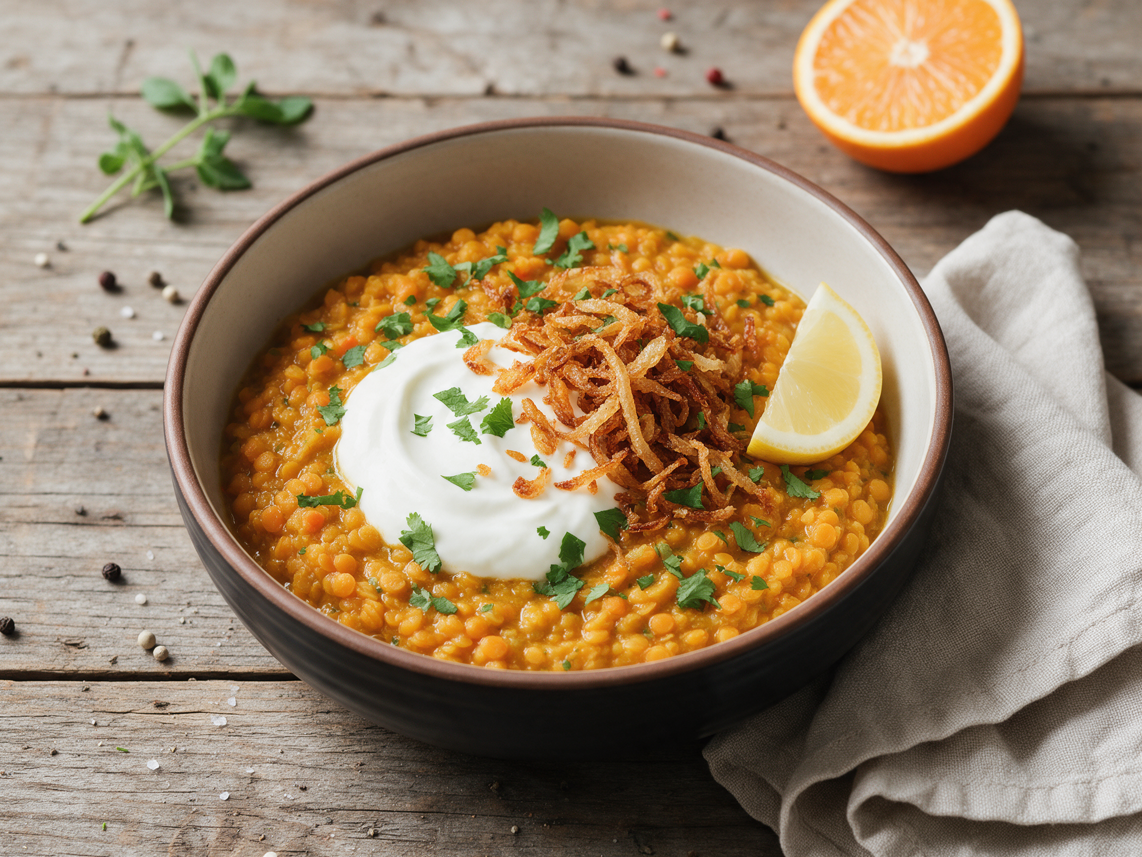 Bowl of orange-yellow red lentil dal topped with white Greek yogurt and golden crispy onions on a wooden table