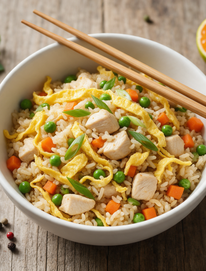 Overhead bowl of chicken fried rice with golden egg ribbons, diced chicken, peas and scallions on a wooden table