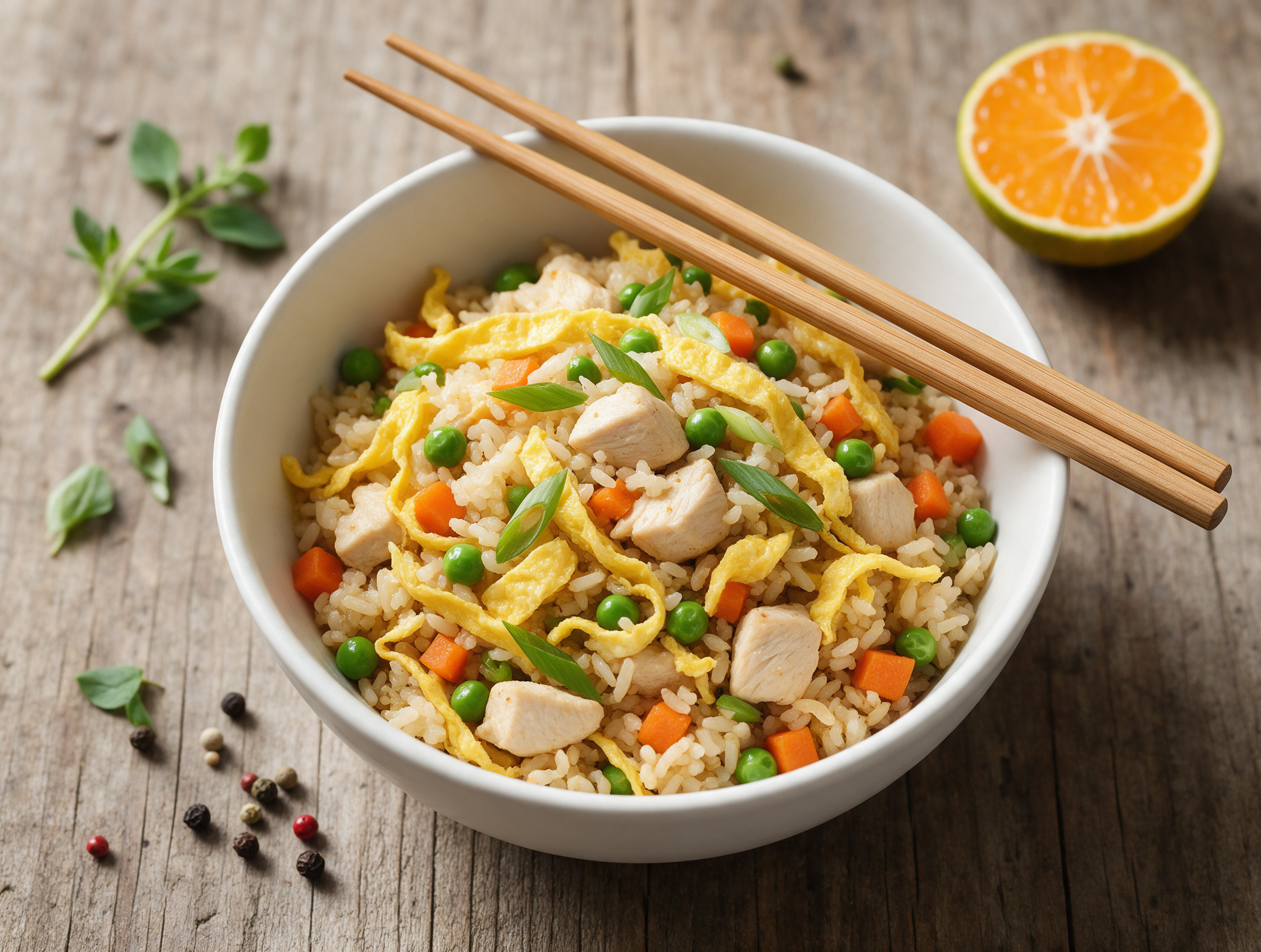 Overhead bowl of chicken fried rice with golden egg ribbons, diced chicken, peas and scallions on a wooden table