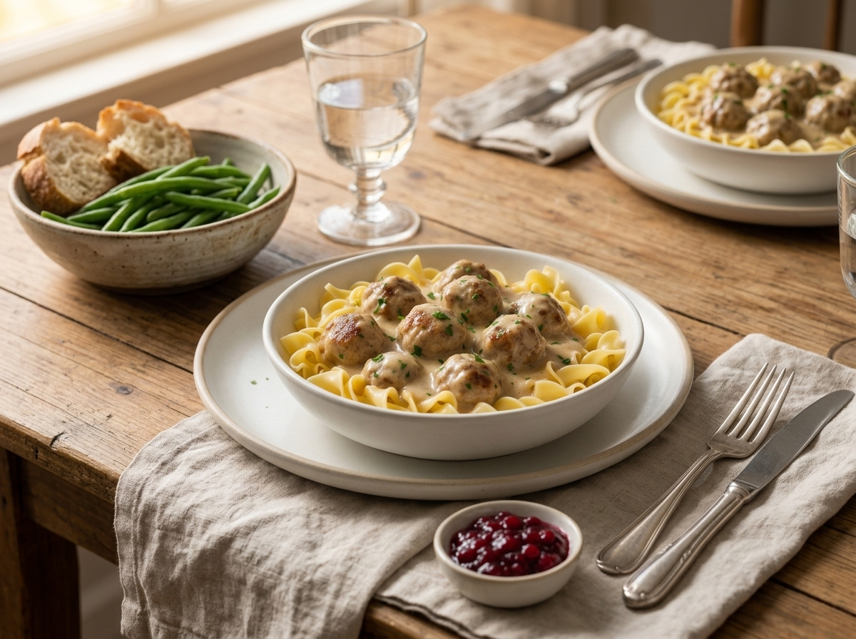 Two bowls on a linen napkin with a jar of lingonberry jam and green beans on a wooden dinner table
