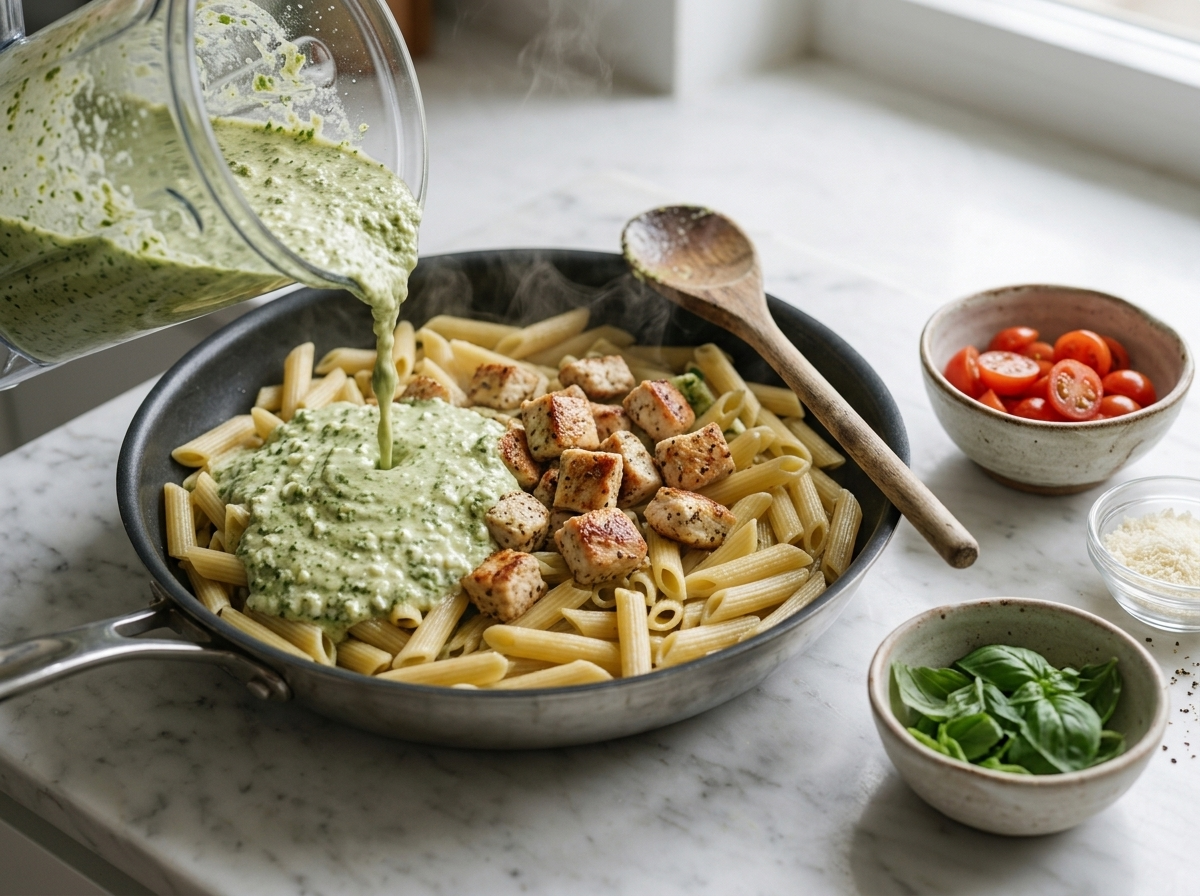 Creamy green cottage cheese pesto sauce being poured over penne and chicken in a 12-inch skillet off the heat