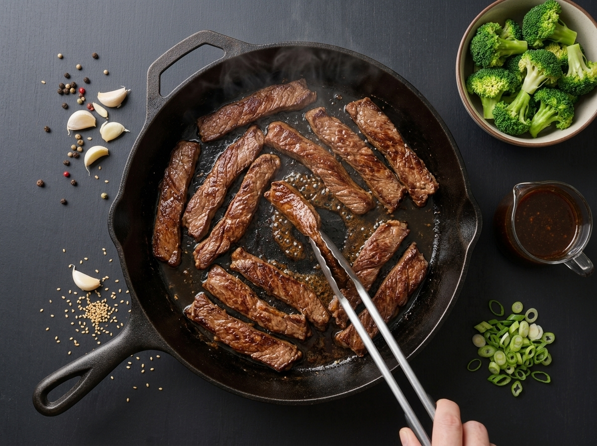 Flank steak slices searing in a single layer in a cast-iron skillet, edges browning, tongs flipping one piece