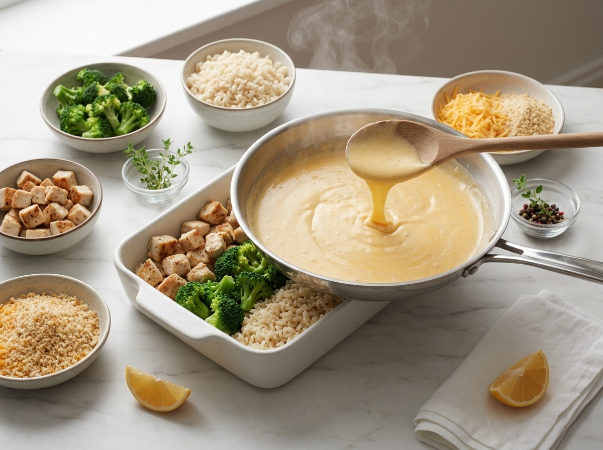 Cheddar sauce being whisked off the heat in a 12-inch skillet beside seared chicken cubes and bright green broccoli