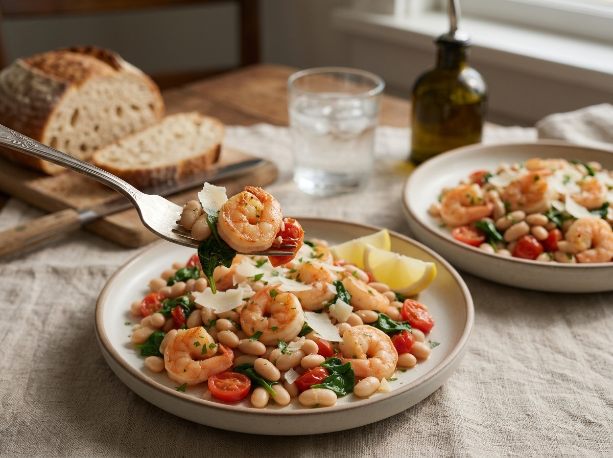 Two white bowls with lemon wedges, sliced crusty bread and olive oil on a linen-covered dinner table