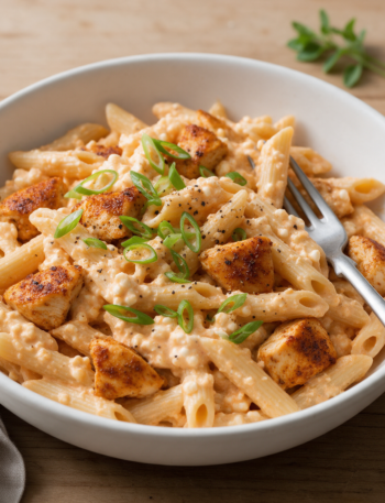 Overhead view of Cajun chicken penne in a creamy orange-tinged sauce with green onions in a white bowl on wood