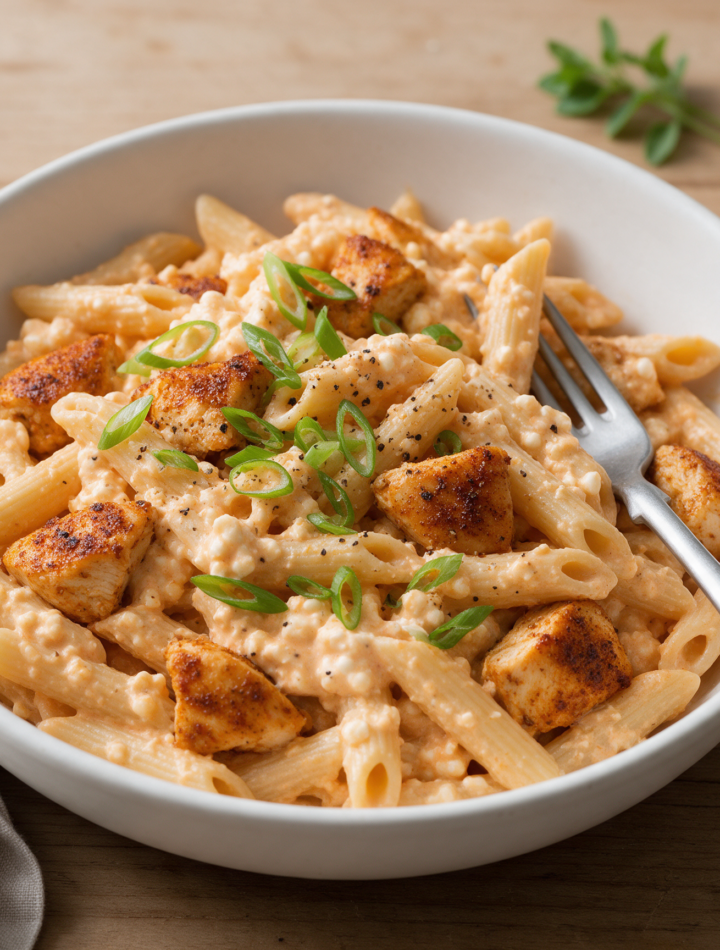 Overhead view of Cajun chicken penne in a creamy orange-tinged sauce with green onions in a white bowl on wood