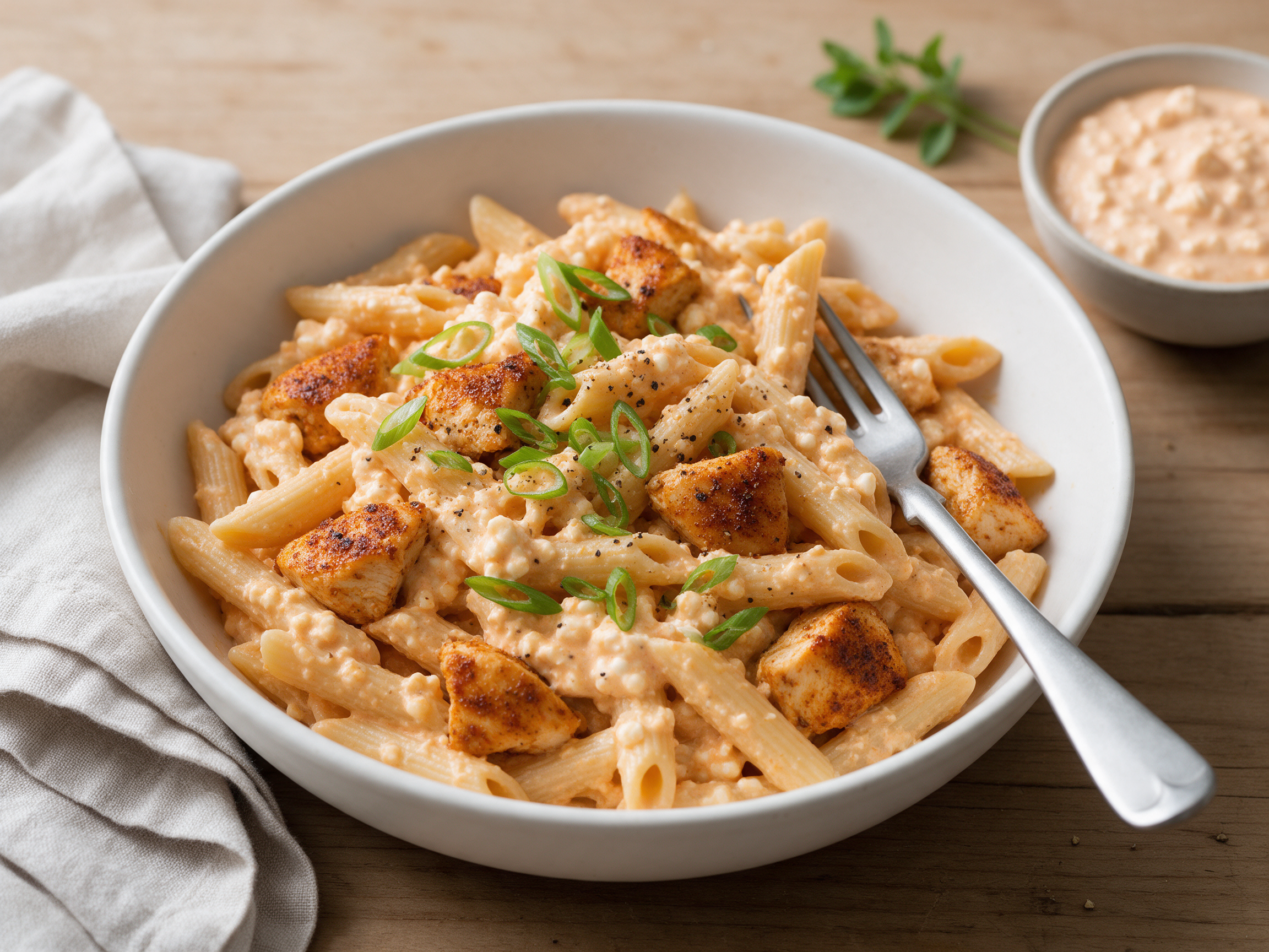 Overhead view of Cajun chicken penne in a creamy orange-tinged sauce with green onions in a white bowl on wood