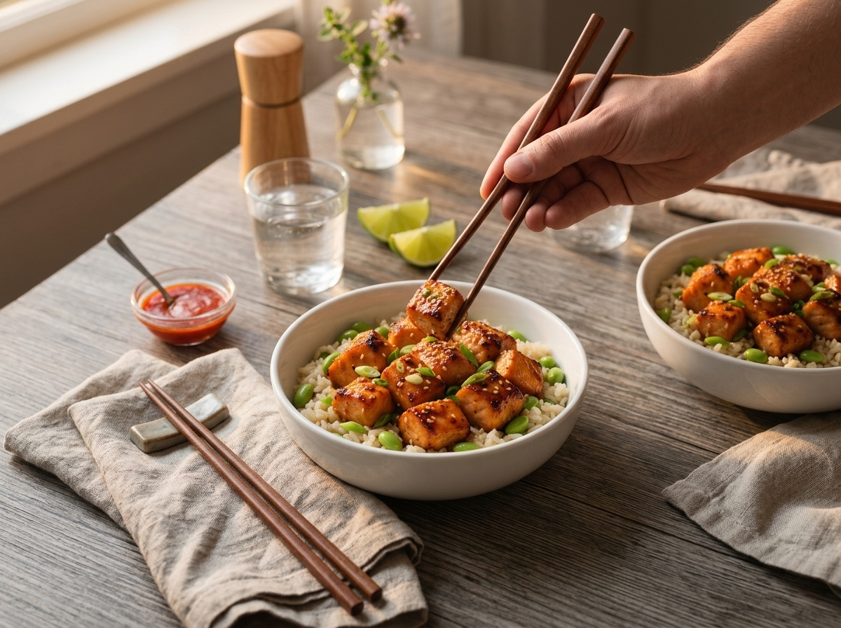 Two filled rice bowls on a linen-covered table with chopsticks, lime wedges and a glass of water