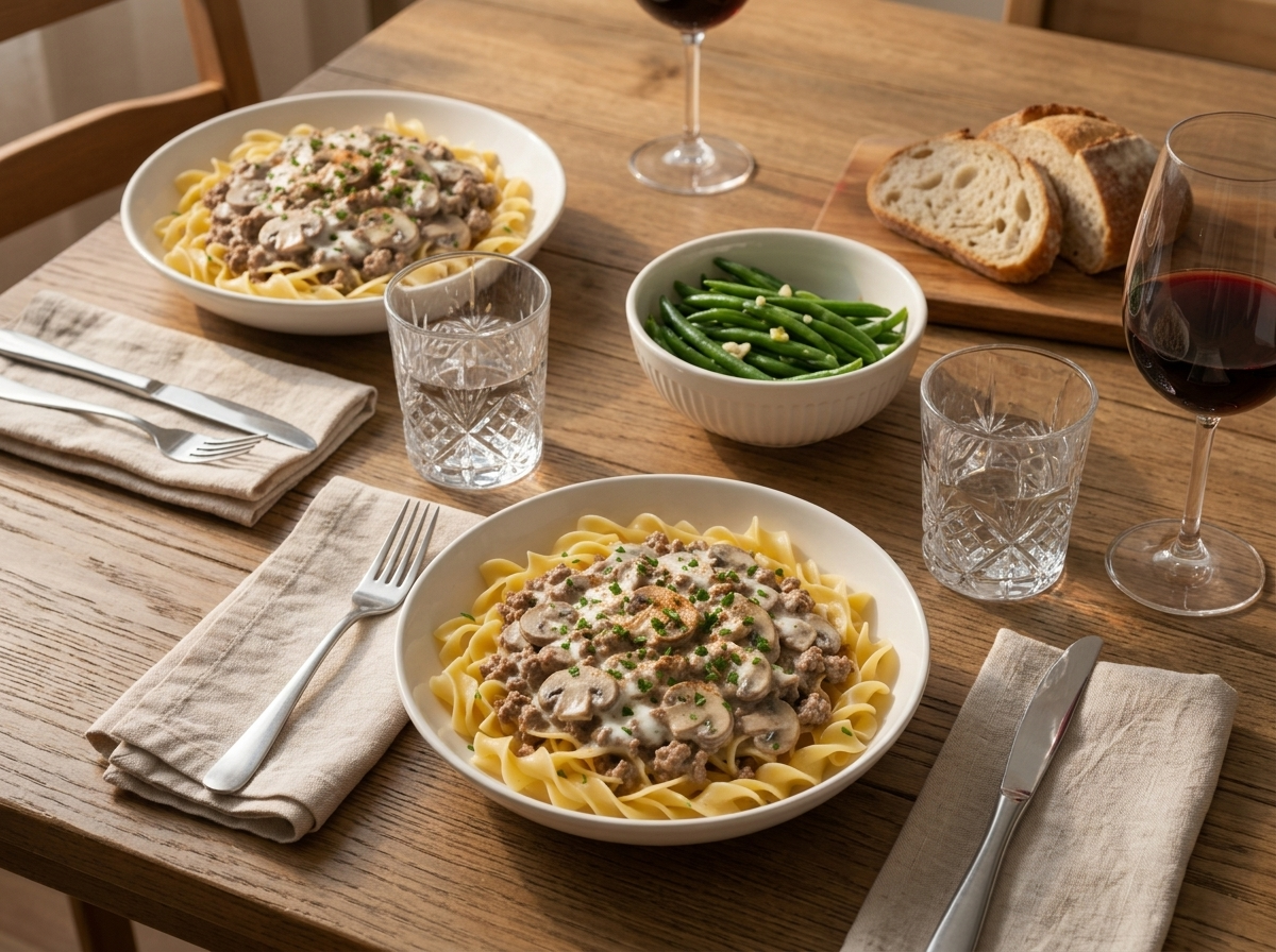 Two plates of stroganoff with green beans and forks on a set table, with glasses of water in soft window light