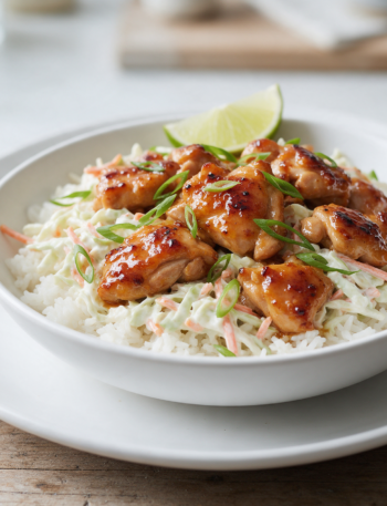 Overhead view of a white bowl with glossy hot honey chicken, white rice and creamy slaw on a wooden table
