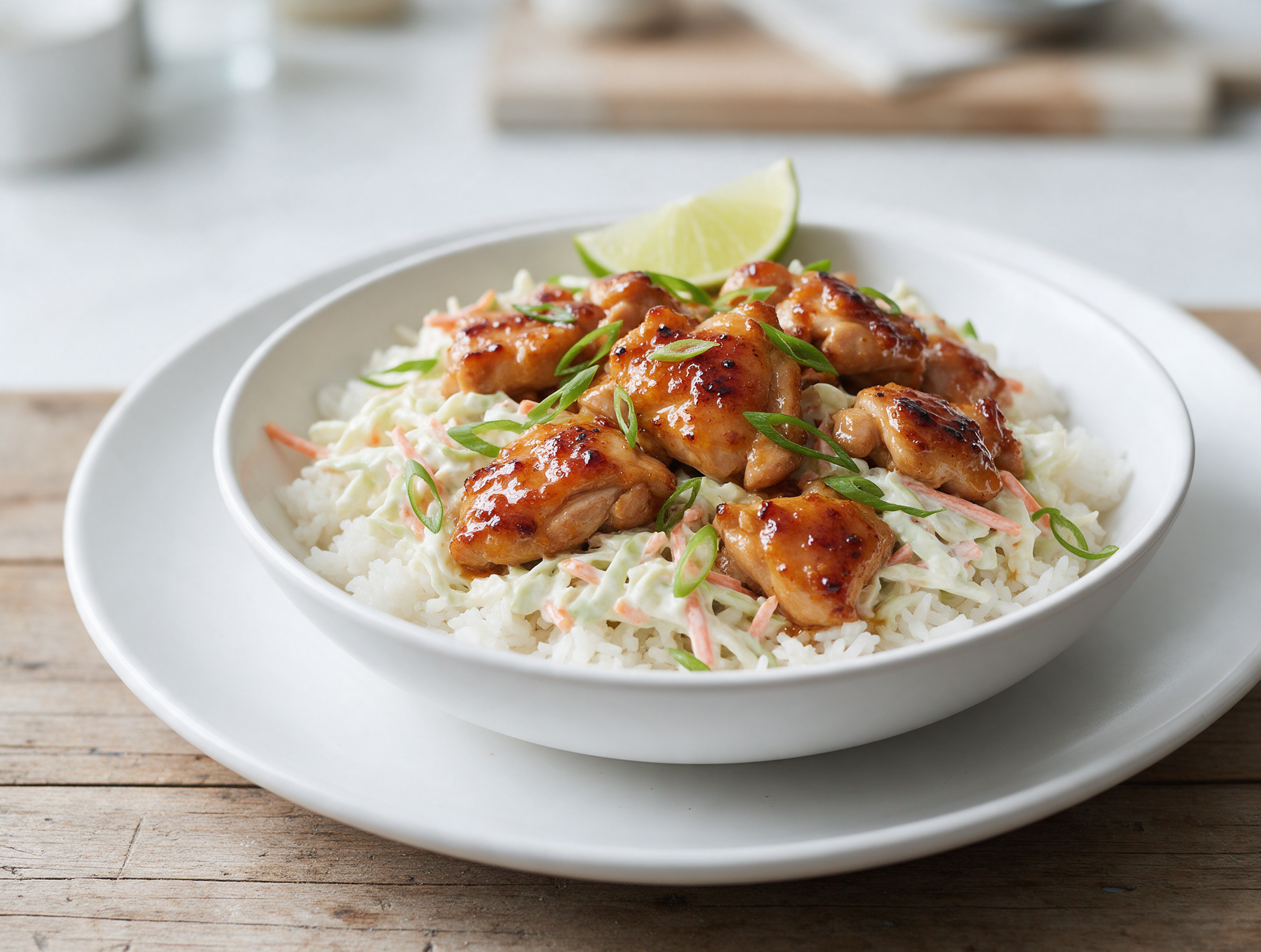 Overhead view of a white bowl with glossy hot honey chicken, white rice and creamy slaw on a wooden table