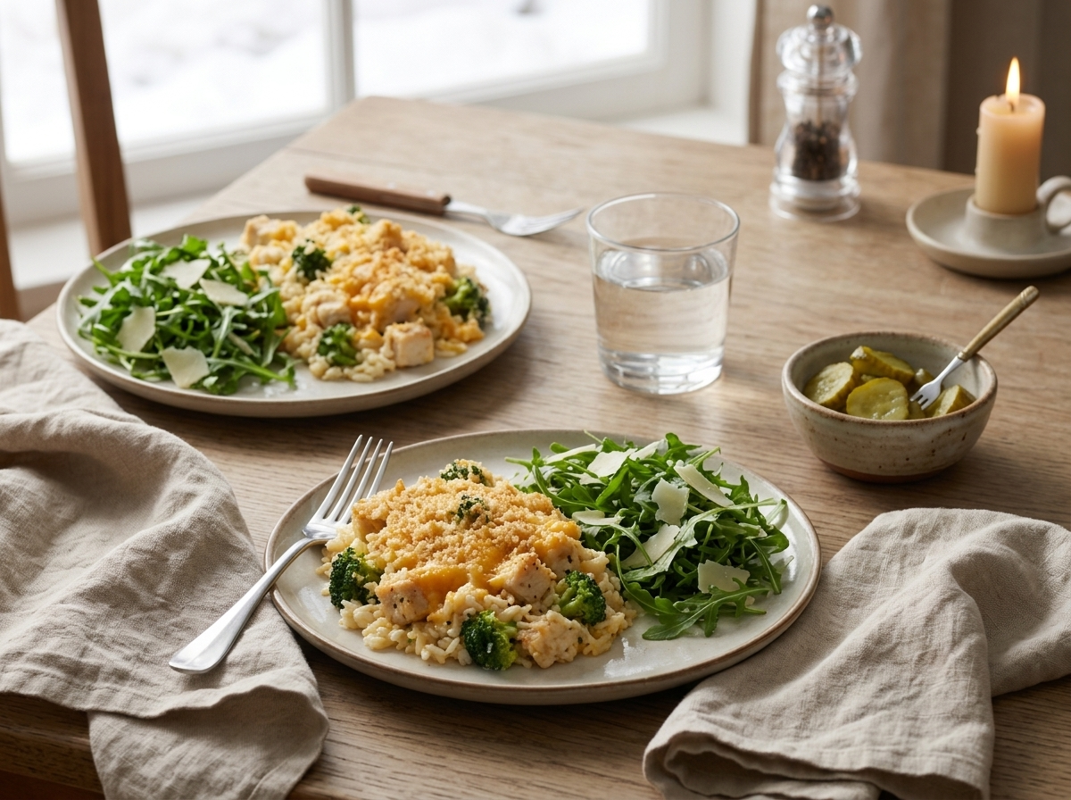 Two plates of the casserole beside an arugula salad, forks, and linen napkins at a snowy-window dinner table