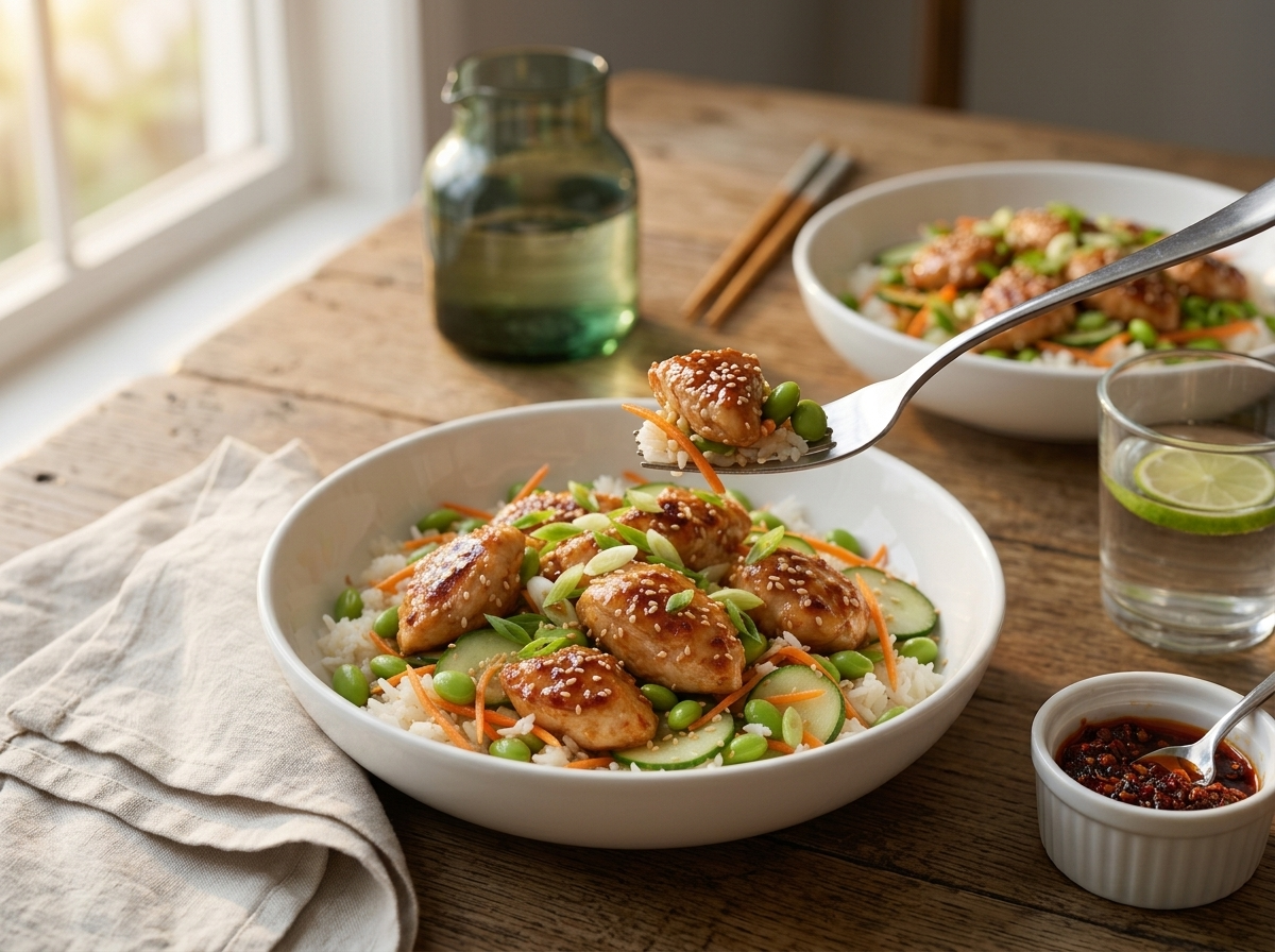 Two bowls on a kitchen table with chopsticks, a glass of water and a small dish of chili crisp
