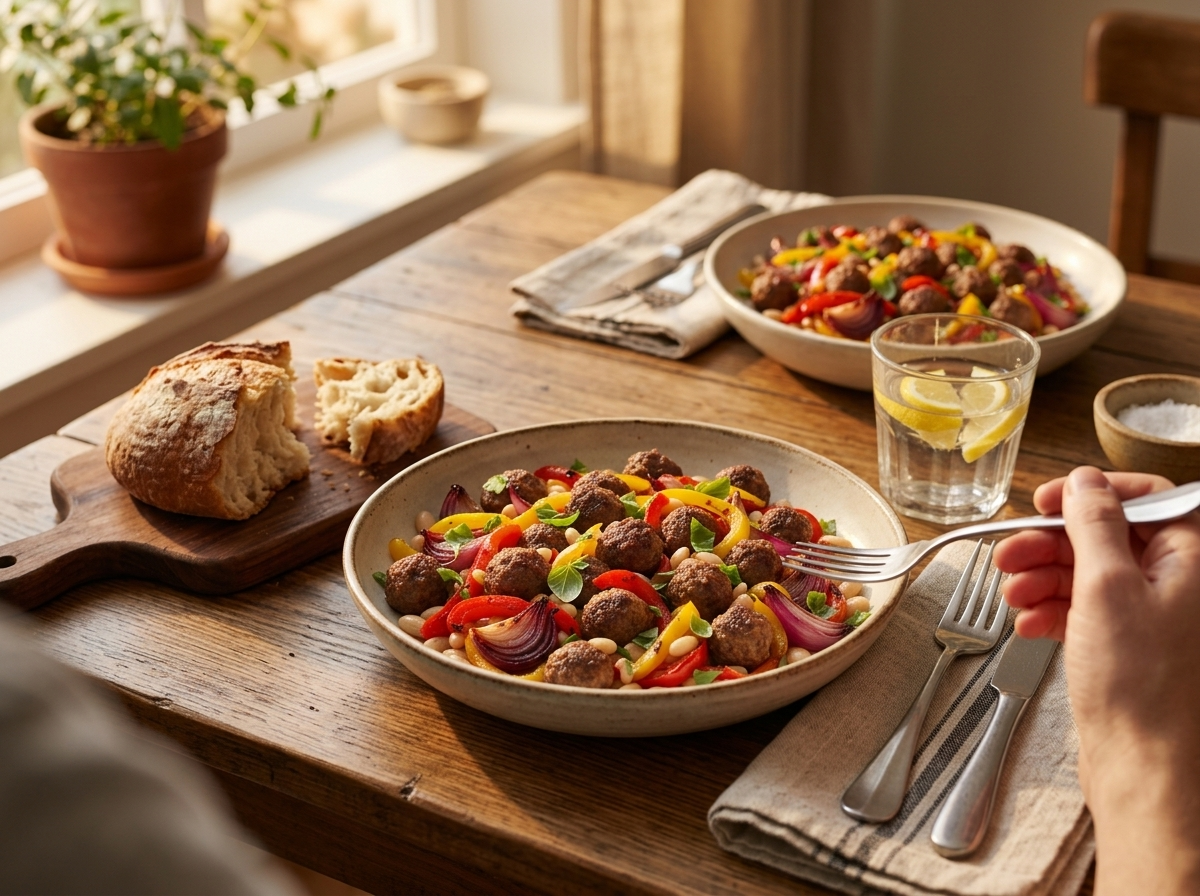 Two bowls of meatballs and peppers with crusty bread, forks and a glass of water on a wooden table at dinner time