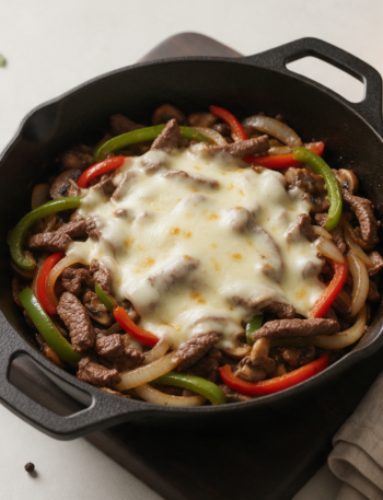 Overhead of a cast-iron skillet with sliced sirloin, green and red peppers and melted provolone on a wooden board