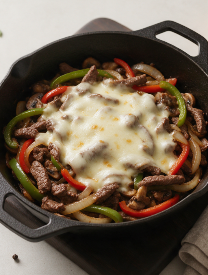 Overhead of a cast-iron skillet with sliced sirloin, green and red peppers and melted provolone on a wooden board