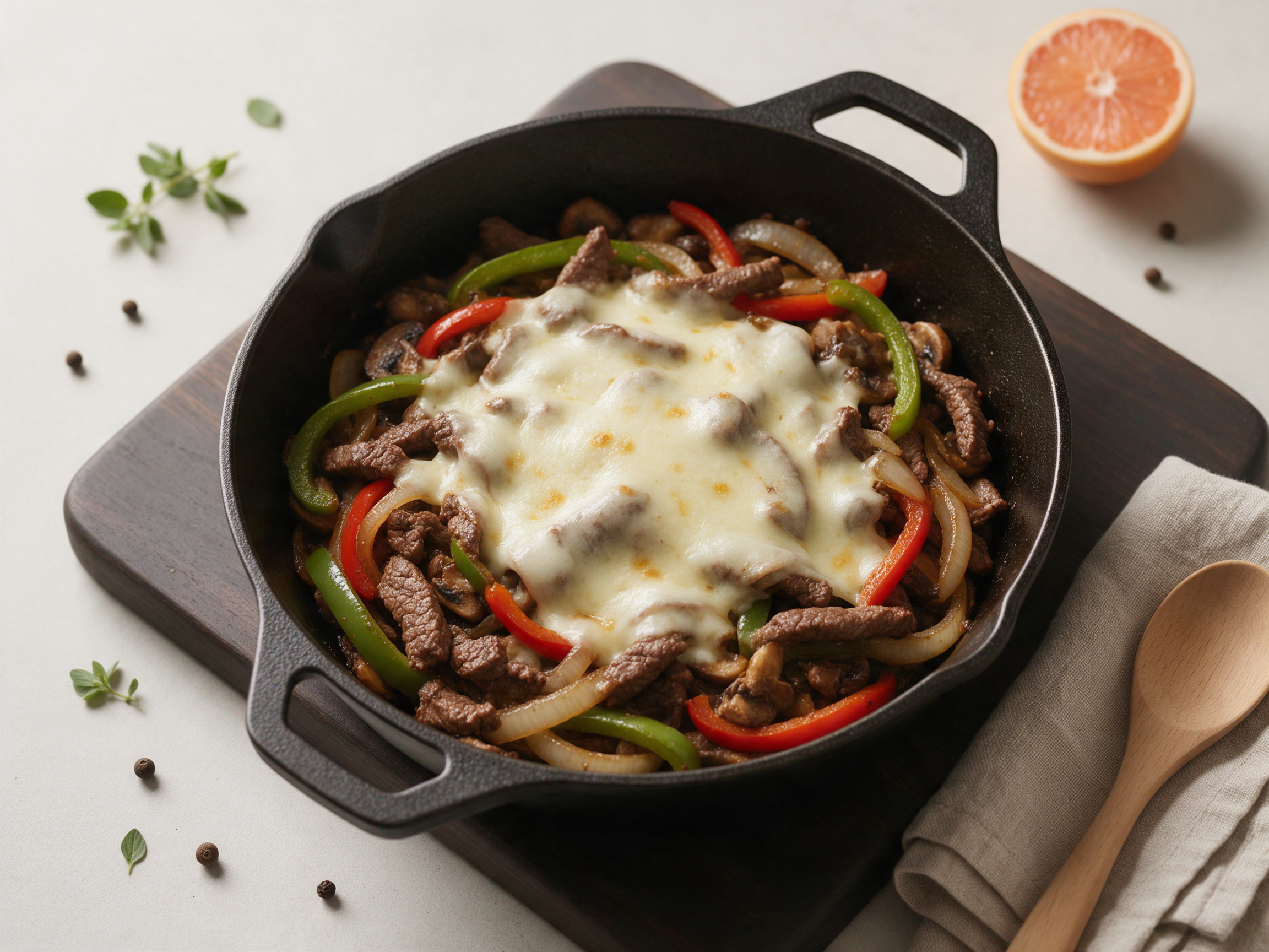Overhead of a cast-iron skillet with sliced sirloin, green and red peppers and melted provolone on a wooden board