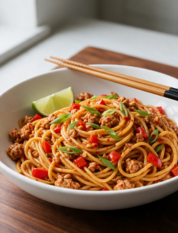 Overhead bowl of spicy ground turkey noodles with scallions, red pepper and lime on a dark wooden table